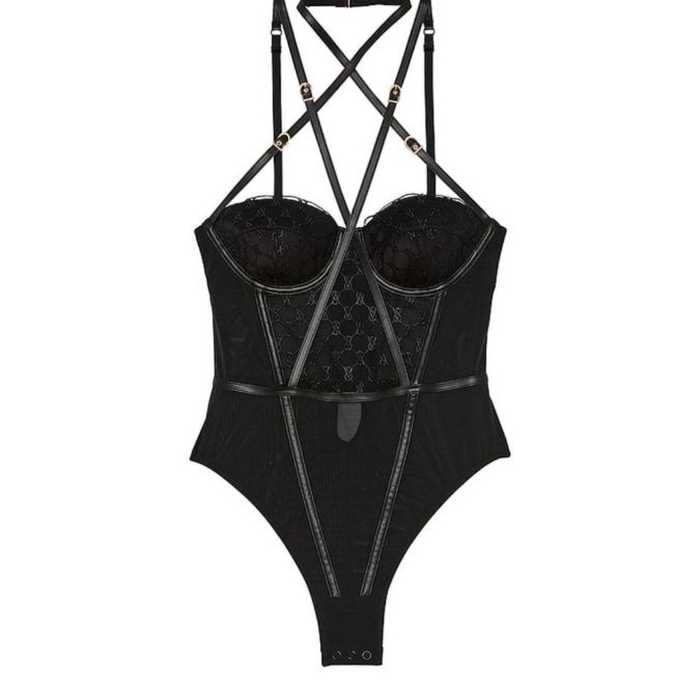New! VS Very Sexy Logo Balconette Faux-Leather Trim Teddy Black 45968
